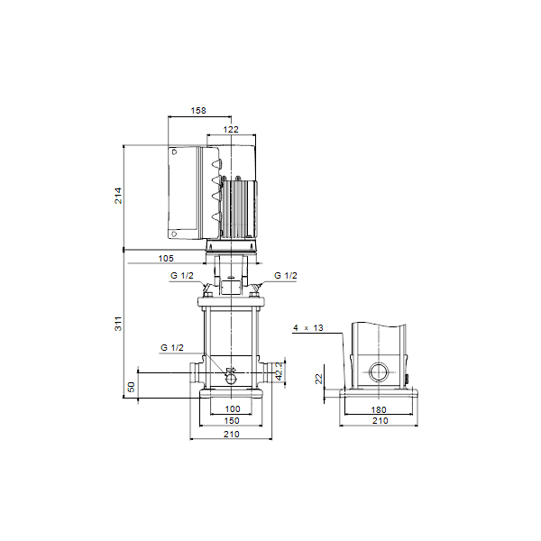 Вертикальный многоступенчатый центробежный насос Grundfos CRNE 1-6 A-P-A-E-HQQE артикул 98389437 – габаритный чертеж