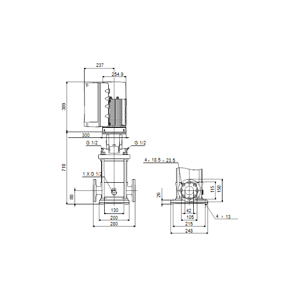 Вертикальный многоступенчатый центробежный насос Grundfos CRNE 10-12 A-FGJ-A-E-HQQE артикул 99071827 – габаритный чертеж