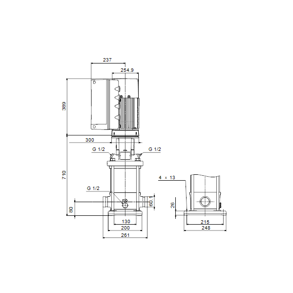 Вертикальный многоступенчатый центробежный насос Grundfos CRNE 10-12 A-P-A-E-HQQE артикул 99071820 – габаритный чертеж