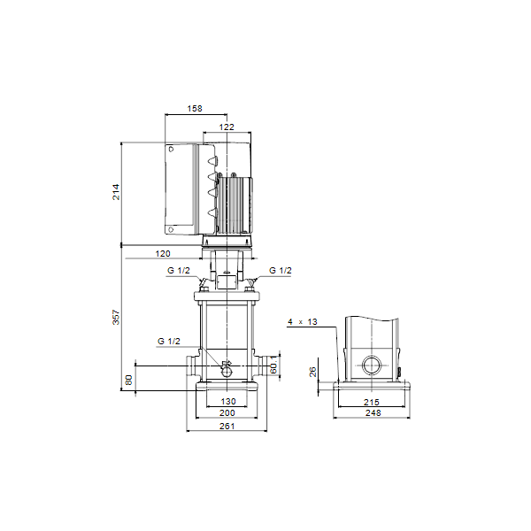 Вертикальный многоступенчатый центробежный насос Grundfos CRNE 10-1 A-P-A-E-HQQE артикул 98390306 – габаритный чертеж