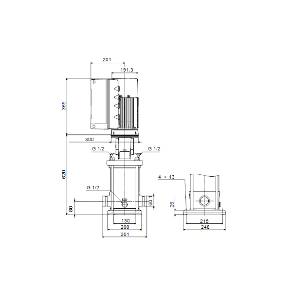 Вертикальный многоступенчатый центробежный насос Grundfos CRNE 10-9 A-P-A-E-HQQE артикул 99071819 – габаритный чертеж