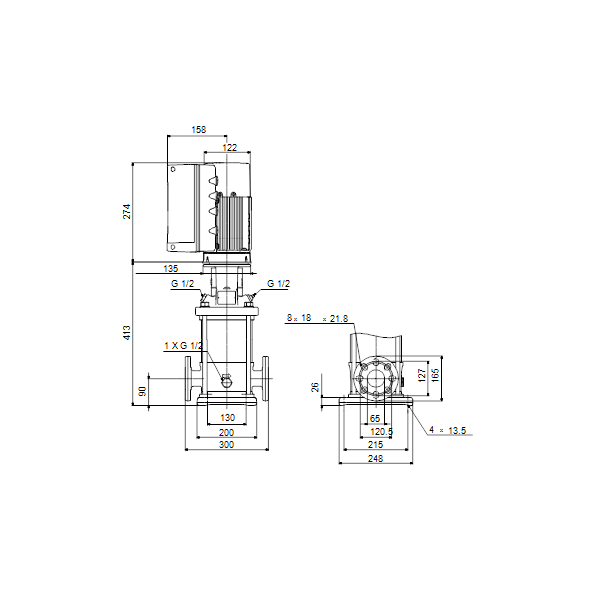 Вертикальный многоступенчатый центробежный насос Grundfos CRNE 20-1 A-FGJ-A-E-HQQE артикул 98390792 – габаритный чертеж