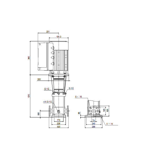 Вертикальный многоступенчатый центробежный насос Grundfos CRNE 32-2-1 N-F-A-E-HQQE артикул 99072000 – габаритный чертеж