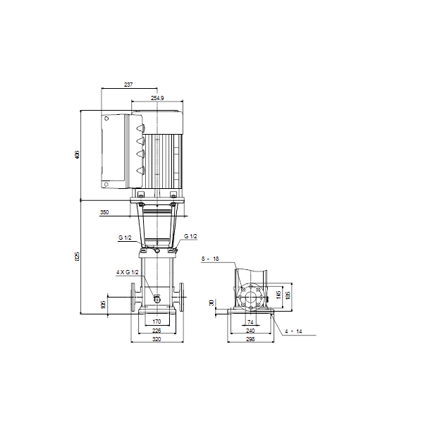 Вертикальный многоступенчатый центробежный насос Grundfos CRNE 32-4-2 A-F-A-E-HQQE артикул 99071985 – габаритный чертеж