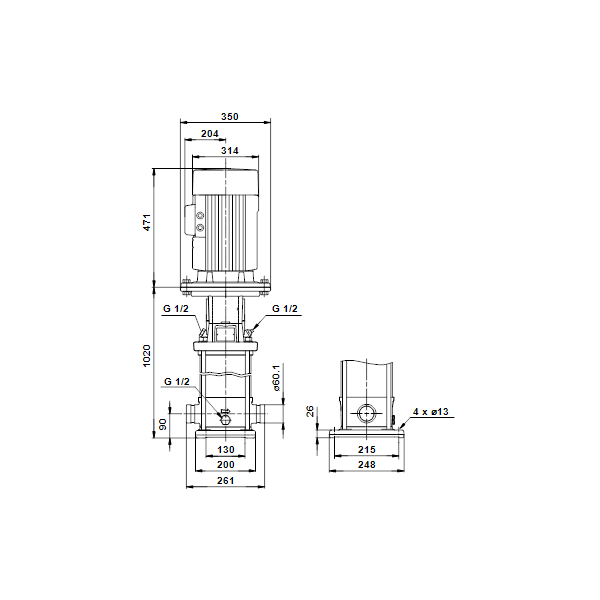 Вертикальный многоступенчатый центробежный насос Grundfos CRT 16-14 A-P-A-E-AUUE артикул 96117253 – габаритный чертеж