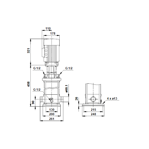 Вертикальный многоступенчатый центробежный насос Grundfos CRT 16-2 A-P-A-E-AUUE артикул 96117244 – габаритный чертеж