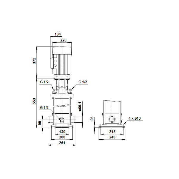Вертикальный многоступенчатый центробежный насос Grundfos CRT 16-4 A-P-A-E-AUUE артикул 96117246 – габаритный чертеж