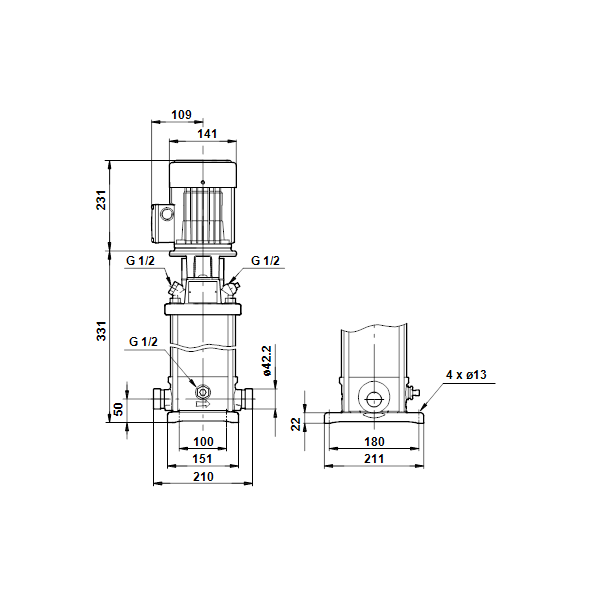 Вертикальный многоступенчатый центробежный насос Grundfos CRT 2-7 A-P-A-E-AUUE артикул 96100306 – габаритный чертеж