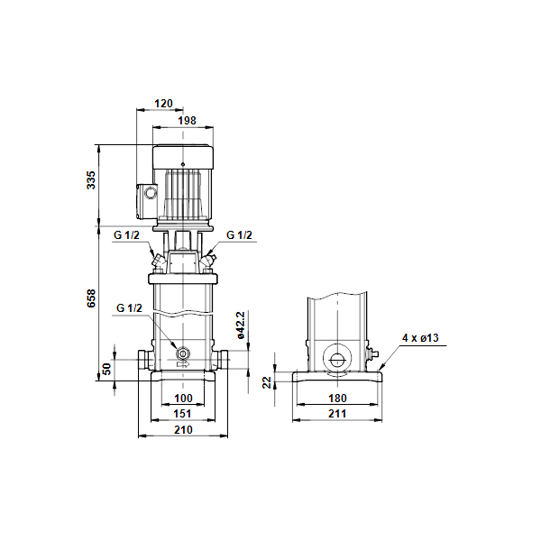 Вертикальный многоступенчатый центробежный насос Grundfos CRT 4-16 A-P-A-E-AUUE артикул 96100839 – габаритный чертеж