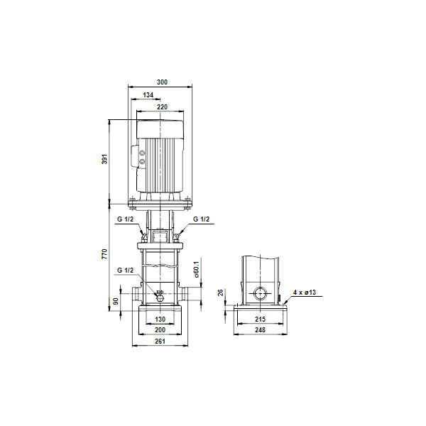 Вертикальный многоступенчатый центробежный насос Grundfos CRT 8-14 A-P-A-E-AUUE артикул 96117231 – габаритный чертеж