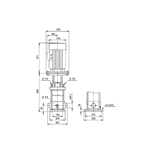 Вертикальный многоступенчатый центробежный насос Grundfos CRT 8-20 A-P-A-E-AUUE артикул 96117234 – габаритный чертеж