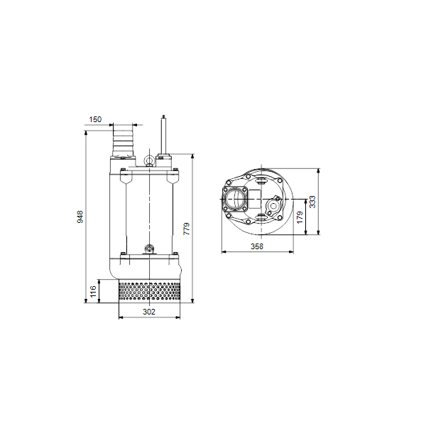 Дренажный погружной канализационный насос Grundfos для канализаций DWK.O.13.150.150.5.1D.R артикул 96926092 – габаритный чертеж