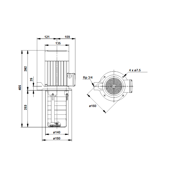 Полупогружной насос Grundfos MTH4-60/1 A-W-I-AQQV артикул 44681161 – габаритный чертеж