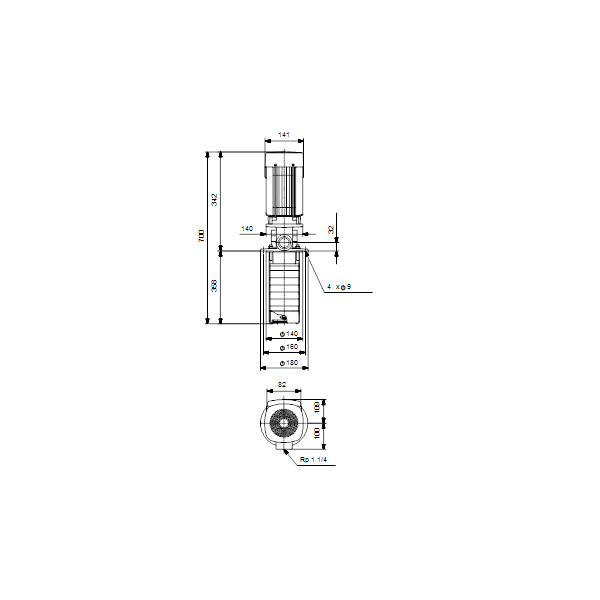 Полупогружной насос Grundfos MTR 1-13/13 A-W-I-HUUV артикул 96519637 – габаритный чертеж