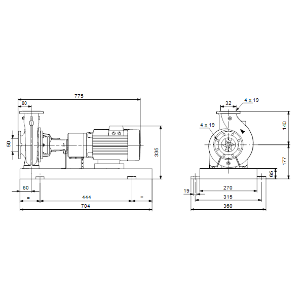 Консольный насос с односторонним всасыванием Grundfos NKGE 50-32-125.1/110 A1-F-K-E-BQQE артикул 98482638 – габаритный чертеж