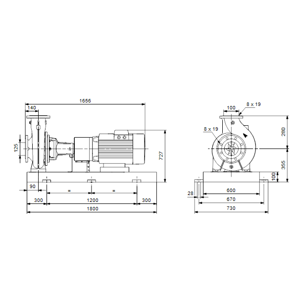 Консольный насос с односторонним всасыванием Grundfos NK 100-250/205 EUP A2-F-A-E-BAQE артикул 98838960 – габаритный чертеж