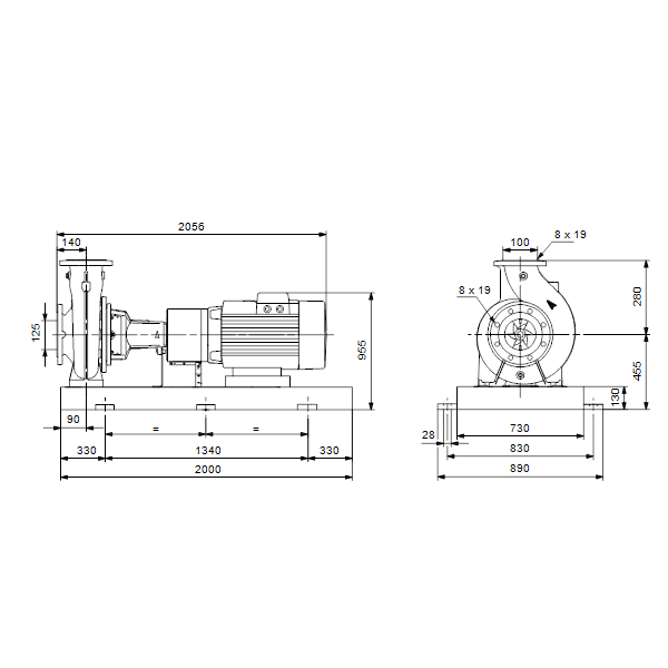 Консольный насос с односторонним всасыванием Grundfos NK 100-250/274 EUP A2-F-A-E-BAQE артикул 98838981 – габаритный чертеж