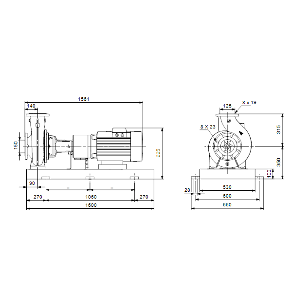 Консольный насос с односторонним всасыванием Grundfos NK 125-200/176-154 EUP A2-F-A-E-BAQE артикул 98838984 – габаритный чертеж