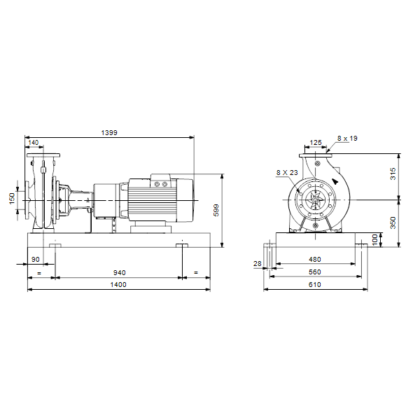 Консольный насос с односторонним всасыванием Grundfos NK 125-200/226 EUP A2-F-A-E-BAQE артикул 98839030 – габаритный чертеж