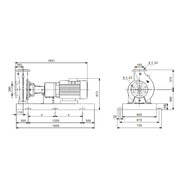 Консольный насос с односторонним всасыванием Grundfos NK 150-250/262 EUP A2-F-A-E-BAQE артикул 98839046 – габаритный чертеж