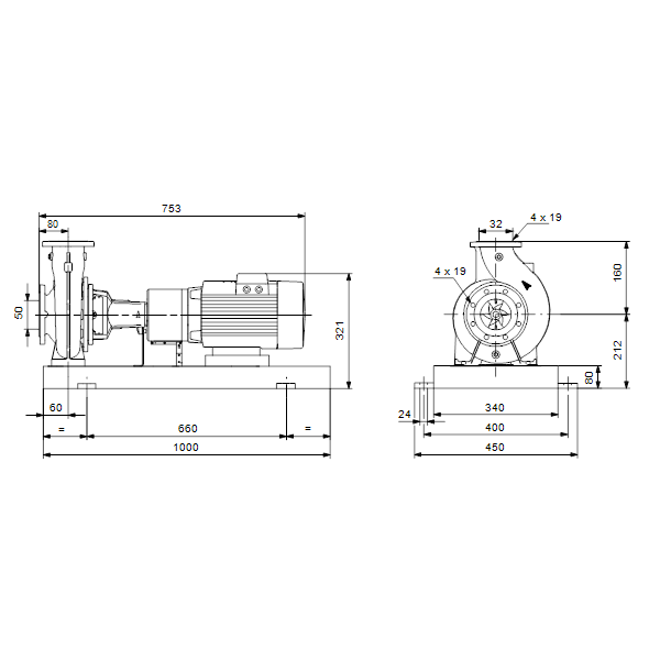 Консольный насос с односторонним всасыванием Grundfos NK 32-160.1/155 A2-F-A-E-BAQE артикул 96626910 – габаритный чертеж