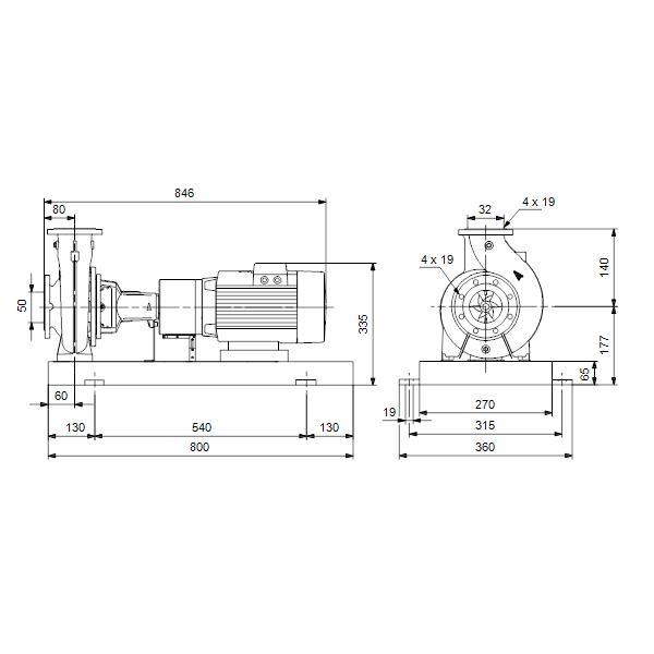 Консольный насос с односторонним всасыванием Grundfos NKE 32-125.1/110 A2-F-B-E-BAQE артикул 98482654 – габаритный чертеж