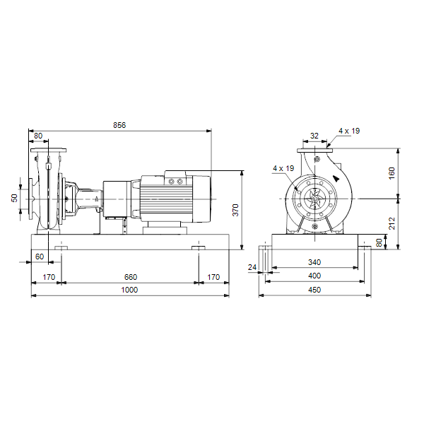 Консольный насос с односторонним всасыванием Grundfos NKE 32-160.1/139 A2-F-A-E-BAQE артикул 98111711 – габаритный чертеж