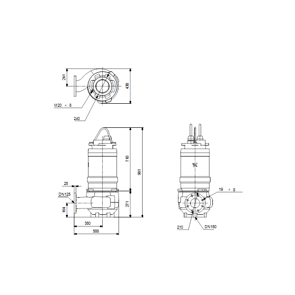 Погружной канализационный насос Grundfos S1.100.125.100.4.50L.H.243.S.EX.D.511 артикул 96811136 – габаритный чертеж