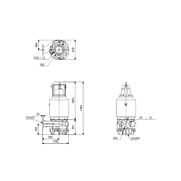 Погружной канализационный насос Grundfos S2.100.300.220.6.58E.H.338.Q.EX.D.511 артикул 96811576 – габаритный чертеж
