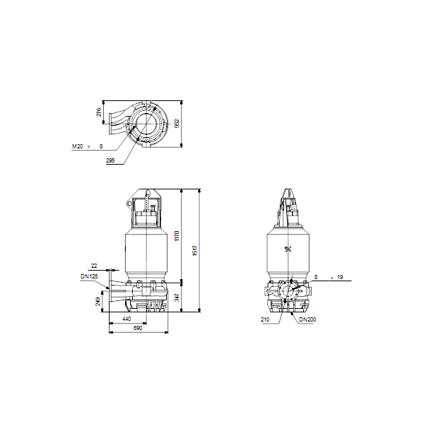 Погружной канализационный насос Grundfos S1.100.125.400.4.62M.D.345.Q.N.D.511 артикул 96811631 – габаритный чертеж