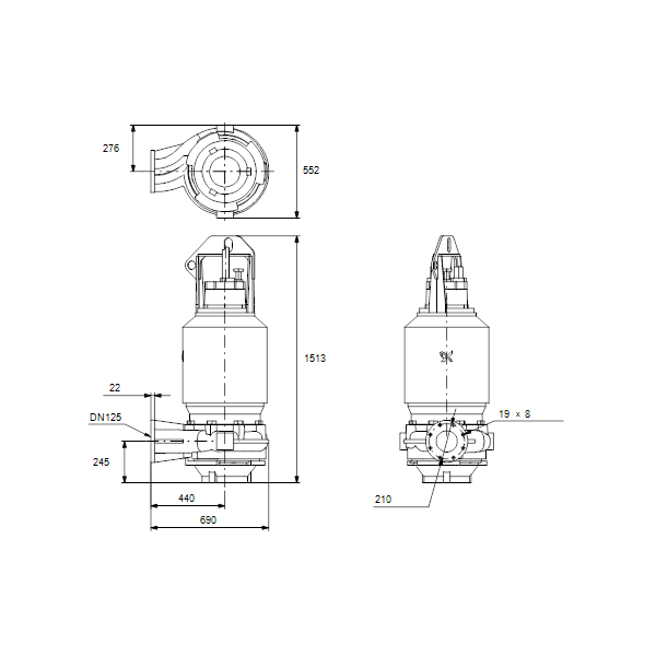 Погружной канализационный насос Grundfos S1.100.125.400.4.62M.S.345.Q.EX.D.511 артикул 96811686 – габаритный чертеж