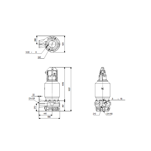 Погружной канализационный насос Grundfos S1.80.125.500.4.62H.D.398.Q.EX.D.511 артикул 96811657 – габаритный чертеж