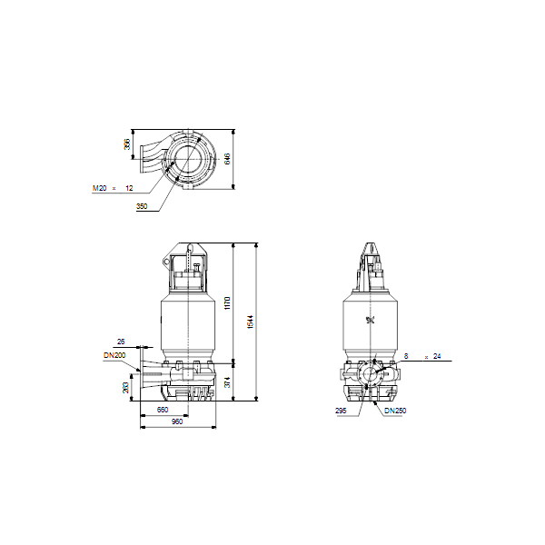 Погружной канализационный насос Grundfos S2.100.200.500.4.62L.D.290.Q.EX.D.511 артикул 96811671 – габаритный чертеж