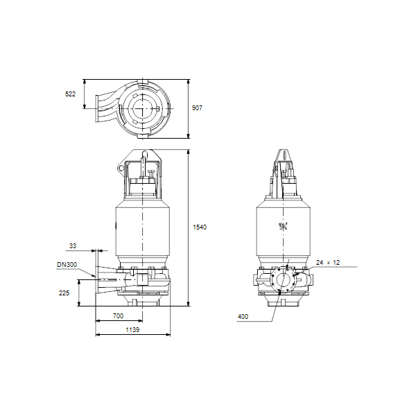 Погружной канализационный насос Grundfos S2.145.300.280.8.62E.C.421.Q.N.D.511 артикул 96811606 – габаритный чертеж
