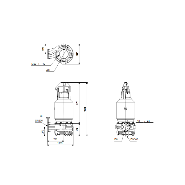 Погружной канализационный насос Grundfos S3.120.300.150.12.62F.D.449.Q.N.D.511 артикул 96811639 – габаритный чертеж