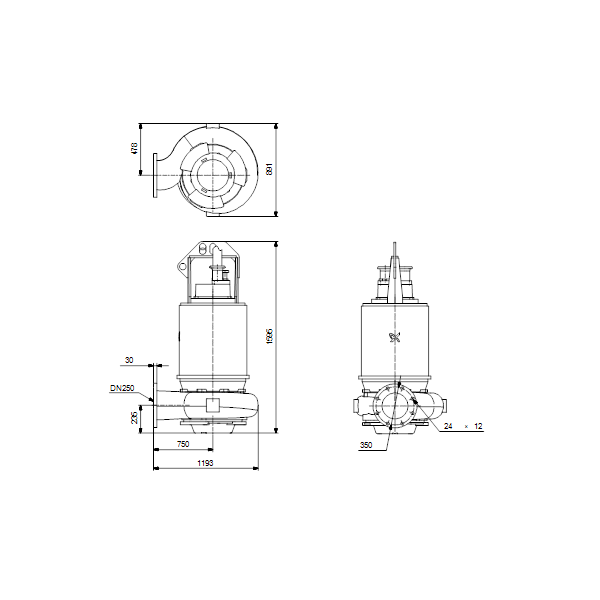 Погружной канализационный насос Grundfos S2.120.250.500.8.66H.C.520.Q.N.D.511 артикул 96811710 – габаритный чертеж