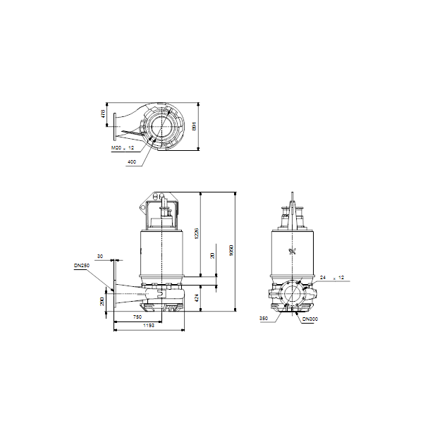 Погружной канализационный насос Grundfos S2.120.250.500.8.66H.H.520.G.N.D.511 артикул 96785341 – габаритный чертеж