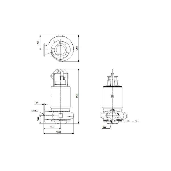 Погружной канализационный насос Grundfos S3.110.500.500.8.66L.S.426.G.N.D.513 артикул 96785378 – габаритный чертеж