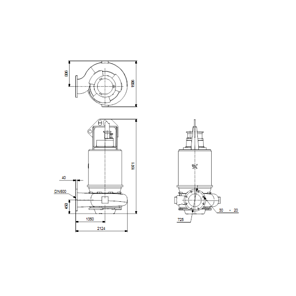 Погружной канализационный насос Grundfos S3.120.600.500.8.66E.C.432.Q.EX.D.511 артикул 96811980 – габаритный чертеж