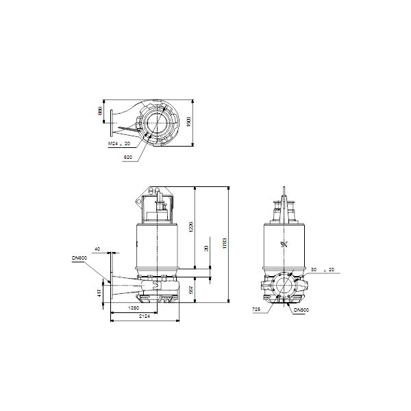 Погружной канализационный насос Grundfos S3.120.600.500.8.66E.D.432.Q.N.D.511 артикул 96811732 – габаритный чертеж