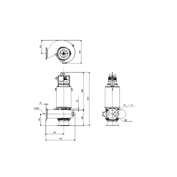 Погружной канализационный насос Grundfos S2.120.250.800.6.70H.C.465.Q.N.D.511 артикул 96811792 – габаритный чертеж