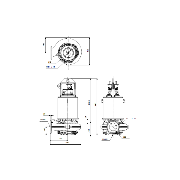Погружной канализационный насос Grundfos S3.110.500.800.6.70L.H.370.G.EX.D.511 артикул 96797885 – габаритный чертеж