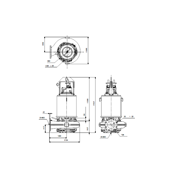 Погружной канализационный насос Grundfos S3.120.600.650.8.70E.D.459.G.N.D.513GPA артикул 96810548 – габаритный чертеж