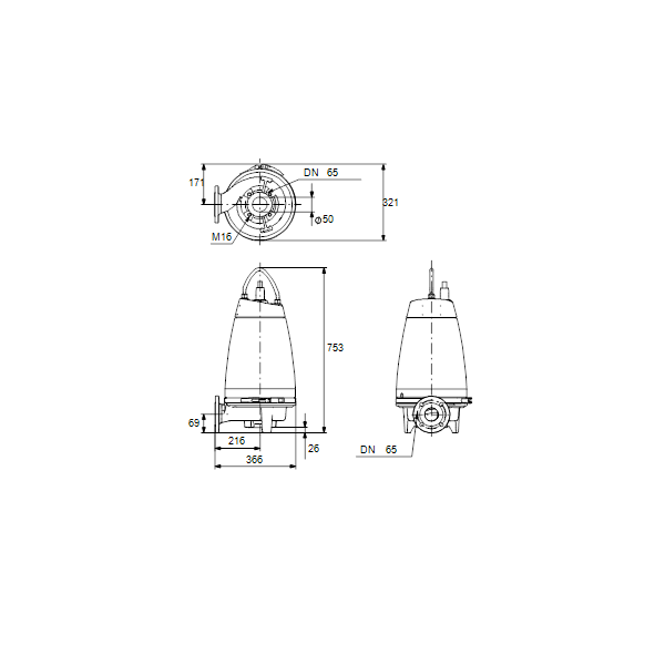 Погружной канализационный насос Grundfos SE1.50.65.22.A.2.50D.B артикул 96177629 – габаритный чертеж
