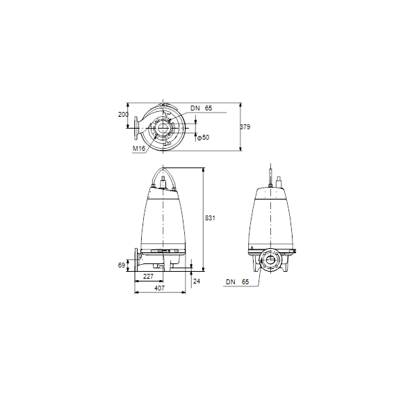 Погружной канализационный насос Grundfos SE1.50.65.40.A.2.51D.B артикул 96177631 – габаритный чертеж