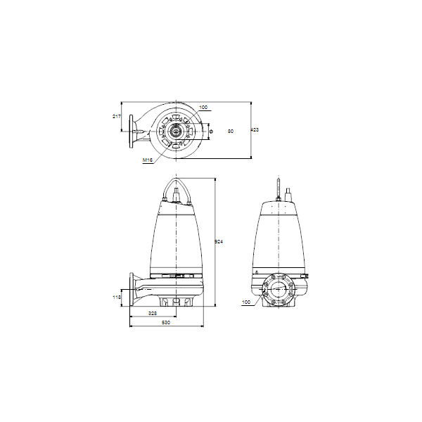 Погружной канализационный насос Grundfos SE1.80.100.75.A.EX.4.51D.B артикул 96177690 – габаритный чертеж