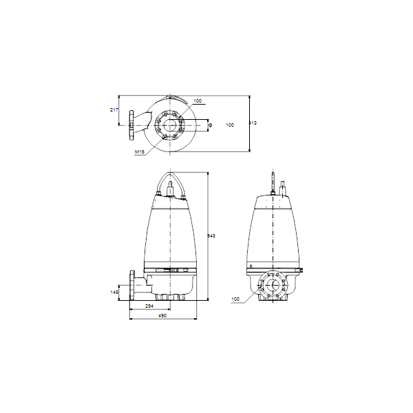 Погружной канализационный насос Grundfos SEV.100.100.75.4.51D.Q артикул 97637779 – габаритный чертеж