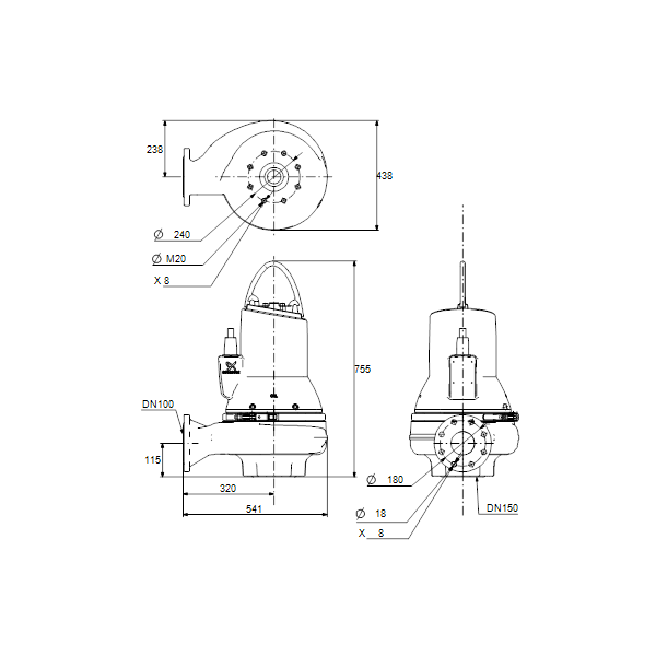 Погружной канализационный насос Grundfos SL1.100.100.40.A.EX.4.51D.C артикул 98626462 – габаритный чертеж