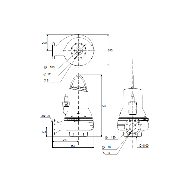 Погружной канализационный насос Grundfos SLV.100.100.30.A.EX.4.50D.C артикул 98626394 – габаритный чертеж