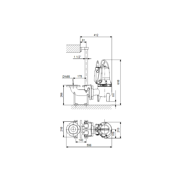 Погружной канализационный насос Grundfos SLV.65.65.11.E..2.50B артикул 96882686 – габаритный чертеж